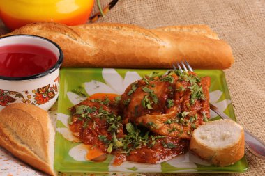 chakhokhbili braised chicken in tomato sauce with onions white French baguette bread compote juice diet vitamin breakfast lunch dinner health home kitchen organic eco low weight clipart