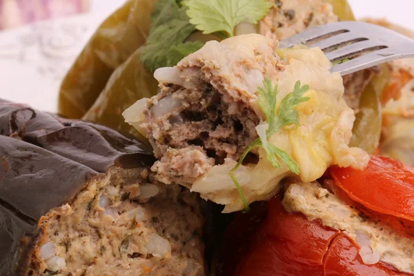 Gefüllte Auberginen Paprika Tomatenkohl Blätter Hackfleisch mit Reis und grün auf weißem Hintergrund — Stockfoto