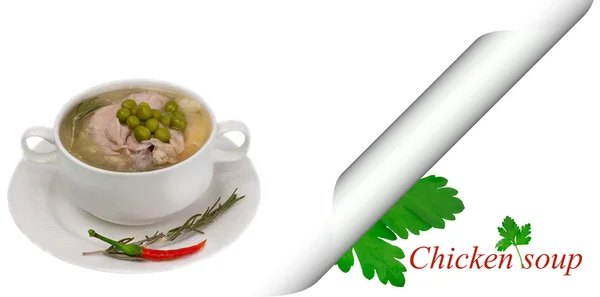 Chicken soup with green peas on a white background organic healthy food — ストック写真