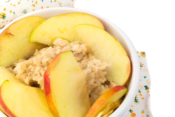 Frühstück Haferbrei mit Apfel in einer weißen Keramikschale Shabby Chic Retro Vintage Gesundheit Diät selektive weichen Fokus — Stockfoto