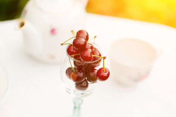 Cherry tea cup glass table in a garden courtyard for summer tablecloth selective soft focus — Stock Photo, Image