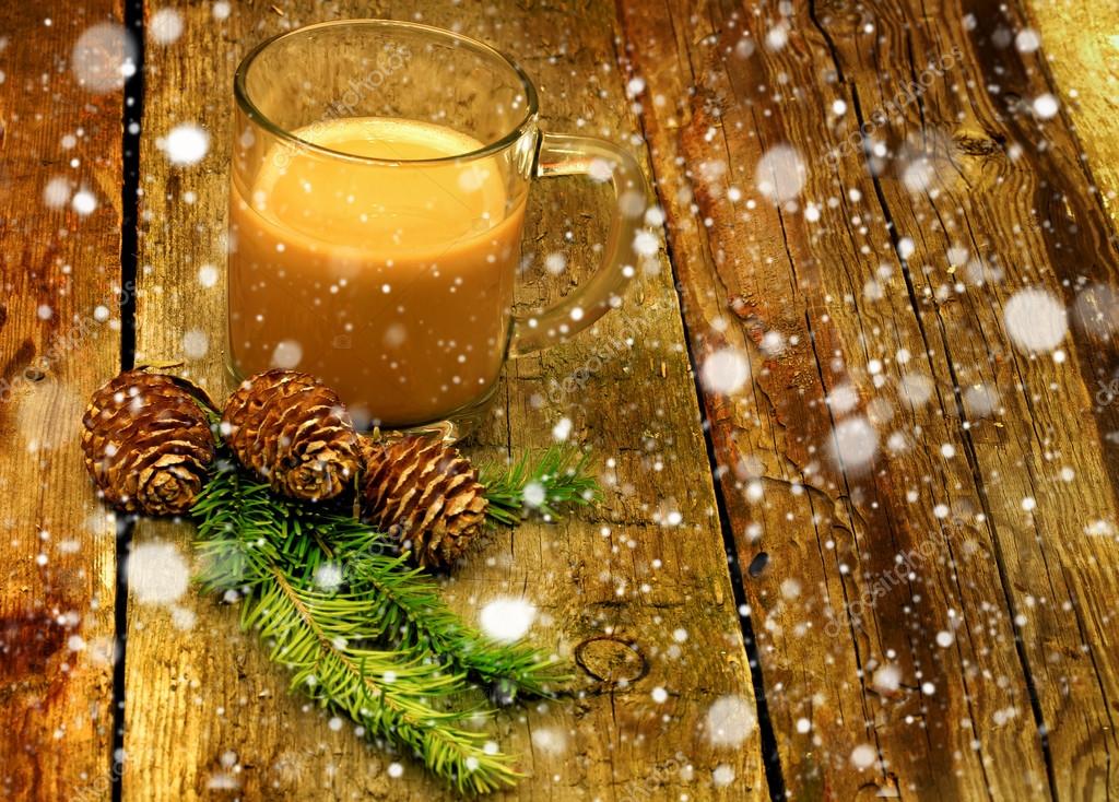 Christmas coffee with milk cocoa branches spruce cones New Year Winter