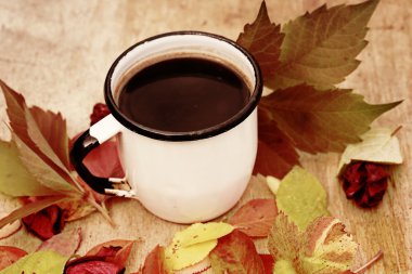 retro vintage emaye fincan kahve ile tarçın sonbahar yaprakları