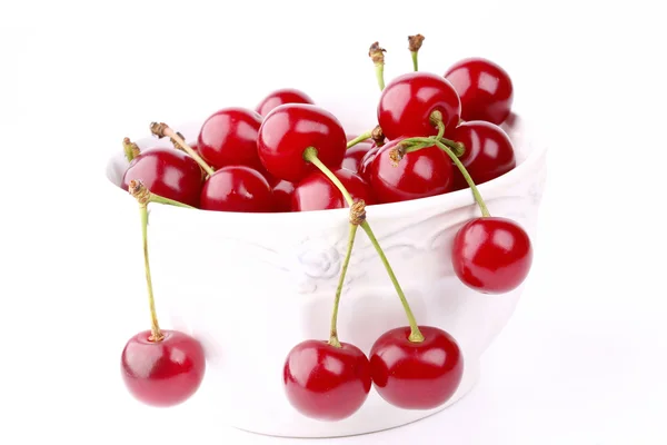 Cherries in ceramic bowl isolated on white background — Stock Photo, Image