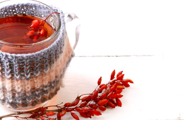 barberry tea with a knitted mug isolated on a white background