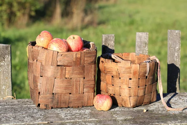 Яблука в плетеному кошику старий ретро вінтажний сільський стиль літня осінь — стокове фото
