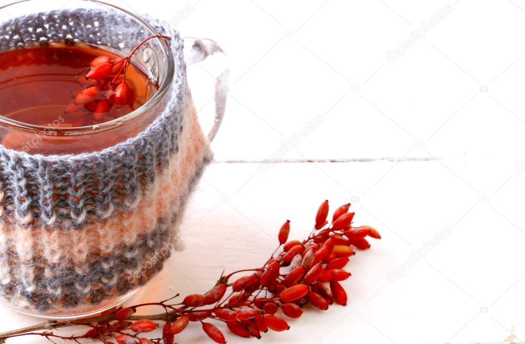 barberry tea with a knitted mug isolated on a white background