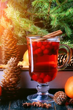 Christmas hot drink with cranberries and cinnamon fir mandarin oranges winter holiday