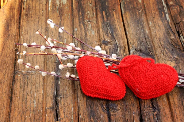 Spring love background couple knitted heart willow Easter Valentine's Day selective soft focus rustic retro style — Stock Photo, Image
