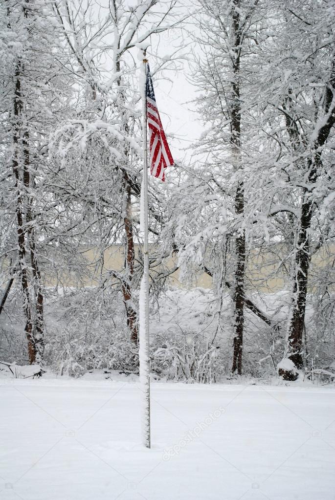 Snowing with an American Flag