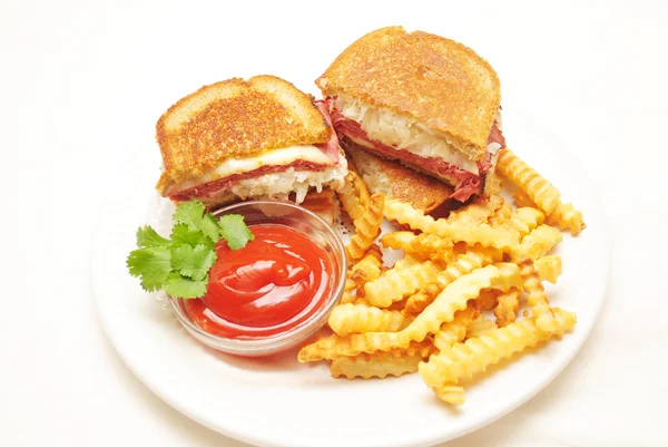 Ruben Sandwiches Served with French Fries — Stock Photo, Image