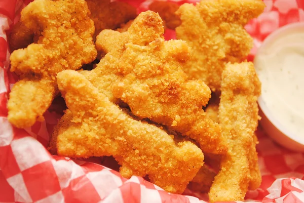 Dinosaur Shaped Chicken Strips with Dipping Sauce — Stock Photo, Image