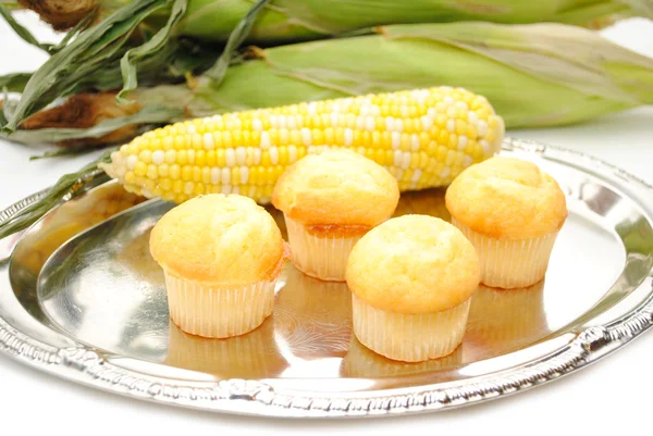 Fresh Corn with Corn Muffins on a Silver Tray — Stock Photo, Image
