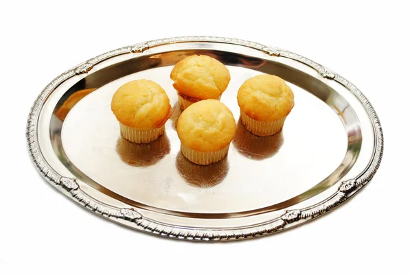 Four Corm Muffins Served on a Silver Tray — Stock Photo, Image