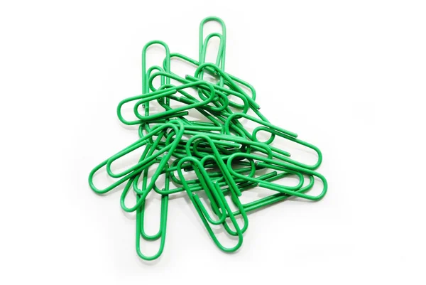 Bright Green Paper Clips Over a White Background — Stock Photo, Image