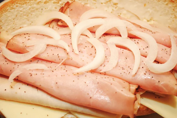 Cebolas em cima de um sanduíche de carne delicada — Fotografia de Stock