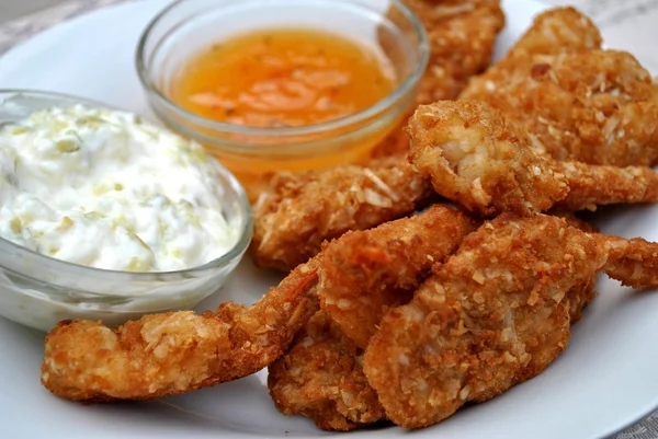 Coconut Shrimp with Mango and Tarter Sauces — Stock Photo, Image