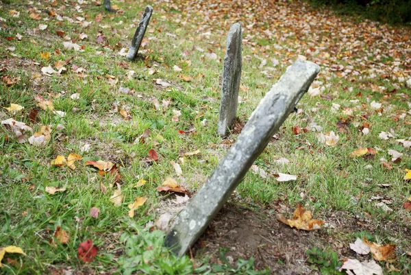 Antiguos marcadores de tumbas con follaje caído en el suelo — Foto de Stock