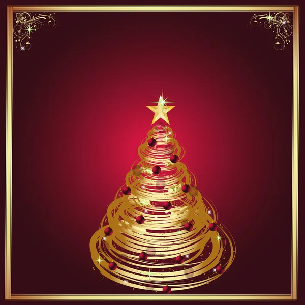 A Golden Holiday Tree in a Frame Over a Maroon Background — Stock Photo, Image