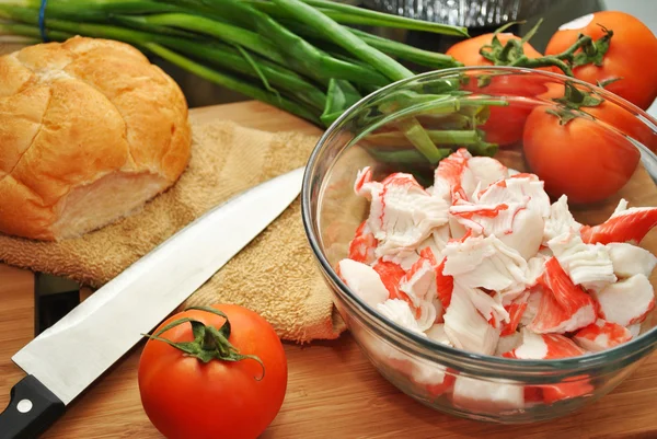 Preparing a Club Sandwich Made with Imitation Crab Meat — Stock Photo, Image