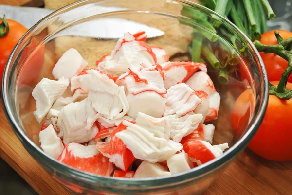 Imitation Crab Meat in a Glass Bowl — Stock Photo, Image