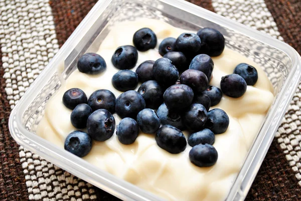 Joghurt und Blaubeeren im Vorratsbehälter — Stockfoto