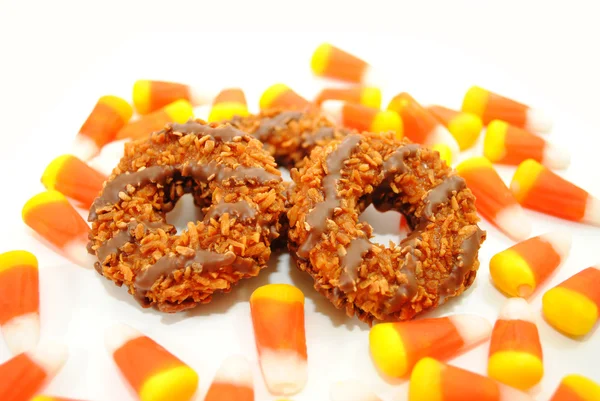 Three Coconut Cookies on Candy Corn — Stock Photo, Image