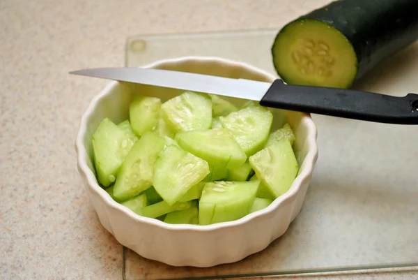 Cucumber Slices With a Knife — Stock Photo, Image