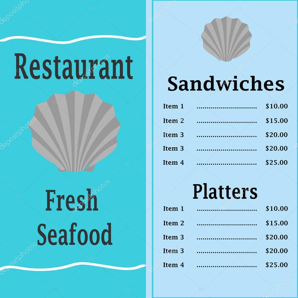 Teal Seafood Menu with a Scallop Shell