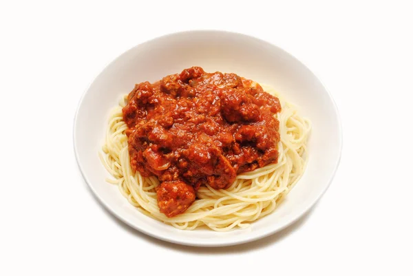 Pasta de cabelo de anjo servido com molho bolonhês — Fotografia de Stock