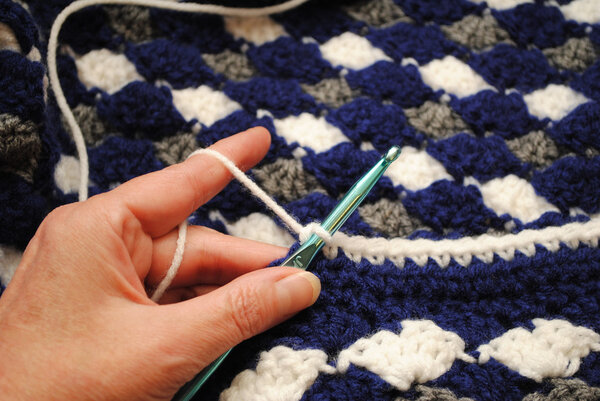 Crocheting a Blue, Grey, and White Blanket