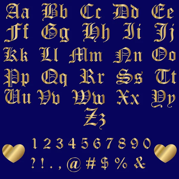 Old English Gold Alphabet Letters and Numbers — Stock Vector