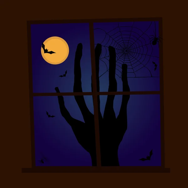 Escena aterradora de la ventana de Halloween con murciélagos y arañas — Vector de stock