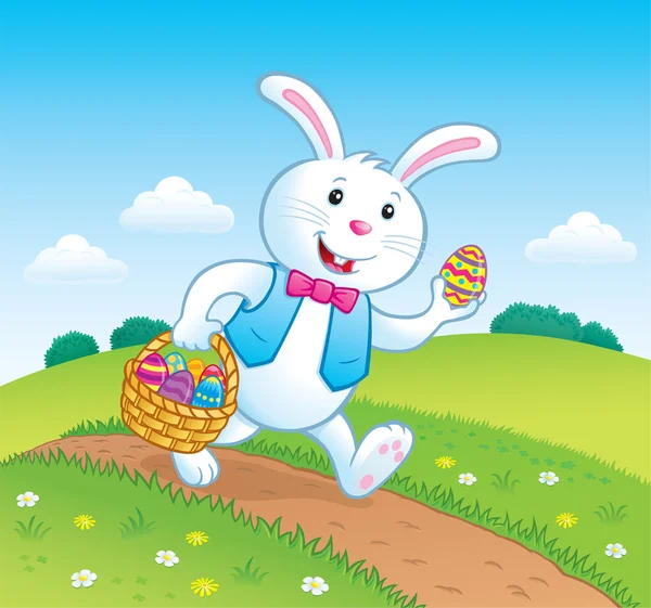 Bunny On Trail with Easter Basket Filled with Eggs — Stock Photo, Image