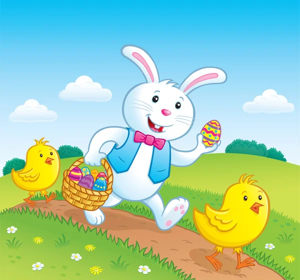 Easter Bunny and baby Chicks Walking On Trail — Stock Photo, Image