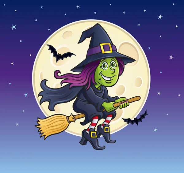 Ay içinde belgili tanımlık geçmiş süpürgeyle sürme kız cadı