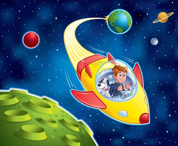 Cartoon Illustration Boy Flying Spacecraft Coming Planet Earth Parts Unknown — Stock Photo, Image