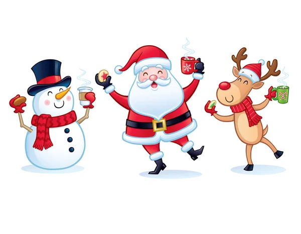 3つの陽気なクリスマスキャラクターの漫画 サンタクロース 雪だるま トナカイクリスマスクッキーとマグカップと熱いココアを蒸しカップ — ストック写真