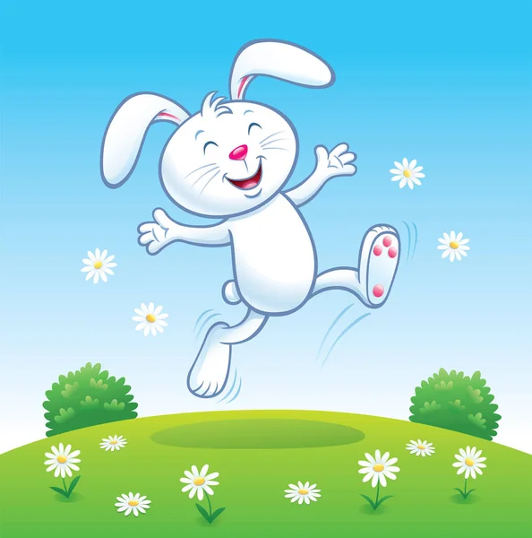 Cartoon Cute Bunny Rabbit Character Leaping Joy Flowers Air Nice — Stock Photo, Image