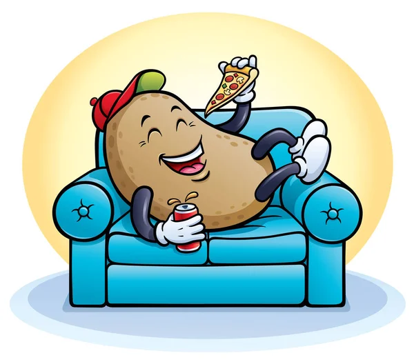 Cartoon Couch Potato Character Happy Laughing While Laying Couch Eating — Stock Photo, Image