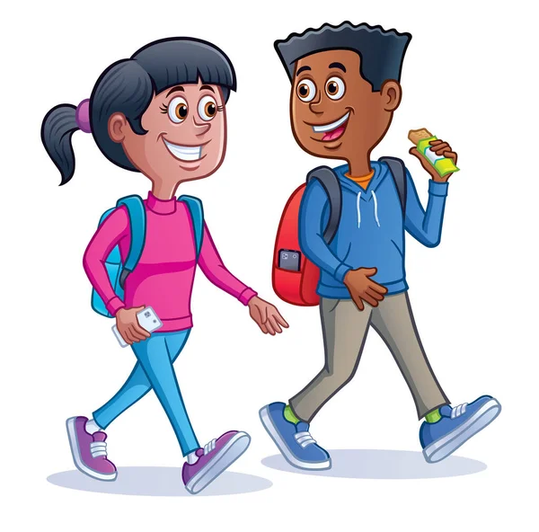 Happy Teenage School Girl Boy Walking Backpacks Ready School — Stock Photo, Image