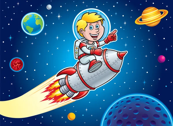 Kind rast mit Raketenschiff durch den Weltraum — Stockfoto