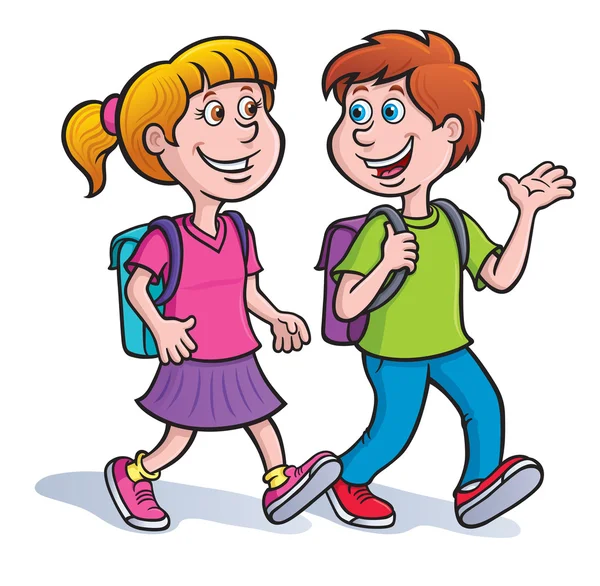 Chłopiec i dziewczynka spacery i rozmowy z plecakami na — Zdjęcie stockowe