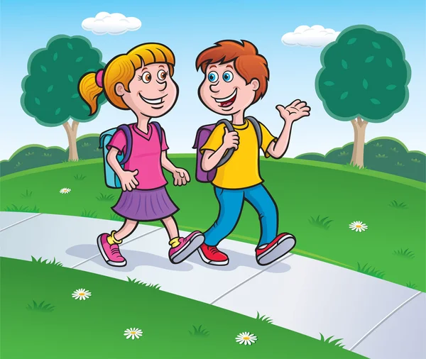 Girl and boy Walking from School with Backpacks On — Stock Photo, Image