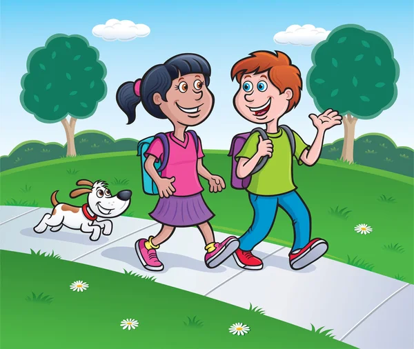 Girl, Boy and Dog Walking Home from School — Stock Photo, Image