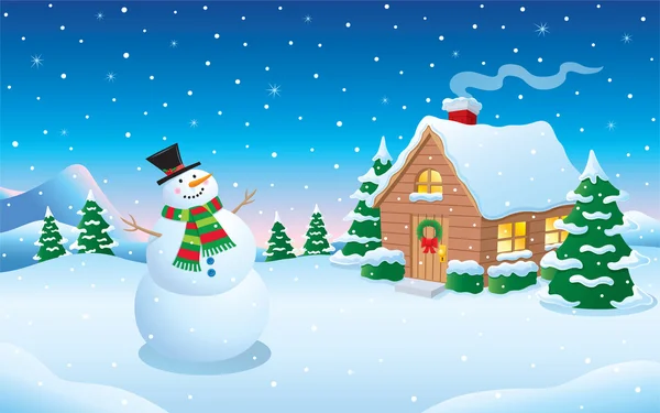 Snowman and Cabin Winter Snow Scene — Stock Photo, Image