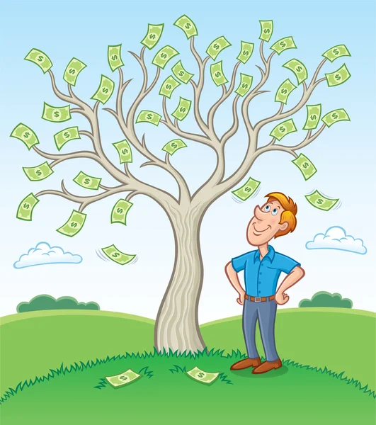 Człowiek stojący obok drzewa pieniądze — Zdjęcie stockowe