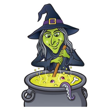 Sırıtan cadı karıştırarak kaynayan kazan