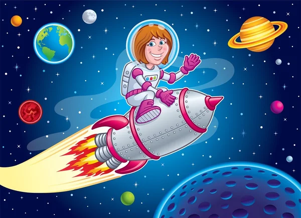 Space Girl montando en la parte superior de una nave cohete —  Fotos de Stock