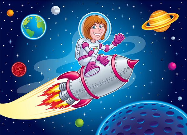 Space Girl Riding On Top of a Rocket Ship
